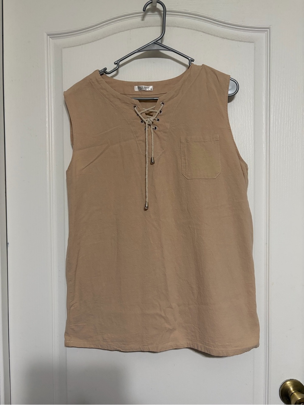 Lace-Up Chest Pocket Tank Top in Tan